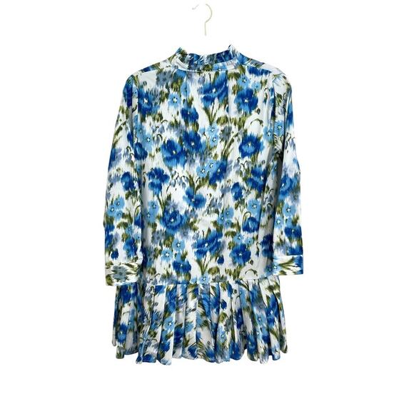 TUCKERNUCK Tate Ikat Blue Green Mini Ruffle Pleated Cotton Poplin Shirt Dress S - Picture 7 of 13